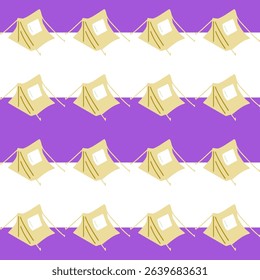 Seamless Camping Tent Pattern. Seamless pattern with yellow camping tents on striped purple and white background. Flat cartoon style with diagonal layout and outdoor travel theme.