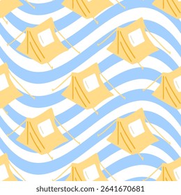 Seamless Camping Tent Summer Pattern. Seamless pattern with yellow camping tents on wavy blue and white background. Flat cartoon style with summer outdoor travel theme.