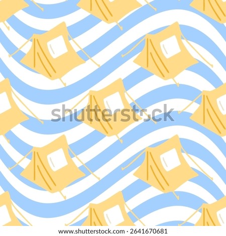 Seamless Camping Tent Summer Pattern. Seamless pattern with yellow camping tents on wavy blue and white background. Flat cartoon style with summer outdoor travel theme.
