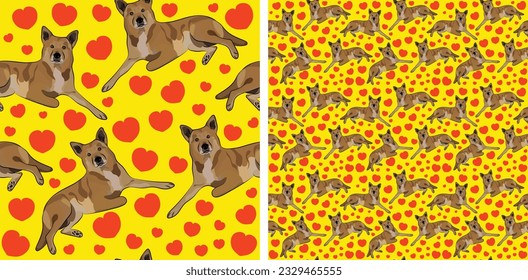 Seamless Canaan dog pattern, holiday texture. Packaging, textile, decoration, yellow wrapping paper.Saint Valentine wallpaper with hearts and mascots. Fun seamless square pattern with hearts and dogs.