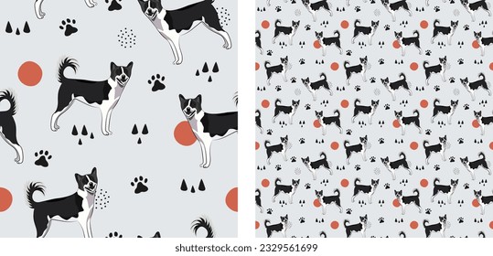 Seamless Canaan dog pattern, holiday texture. Square format, t-shirt, poster, packaging, textile, socks, textile, fabric, decoration, wrapping paper. Trendy hand-drawn dogs wallpaper, abstract. 