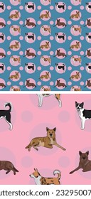 Seamless Canaan dog symetric pattern with circles, holiday texture. Square format. Pink, blue packaging, textile, decoration, wrapping paper. Trendy hand-drawn dogs wallpaper. Holiday background.