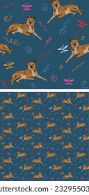 Seamless Canaan dogs pattern with swirls, butterflies, swirls. holiday texture. Square format, t-shirt, poster, packaging, textile, textile, fabric, decoration, wrapping paper. Art wallpaper.