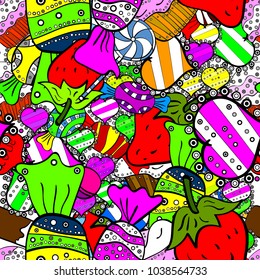 Seamless candies. For game, postcard, invitation and web design. Flat style Vector illustration. Of sweets on black, white and green background.