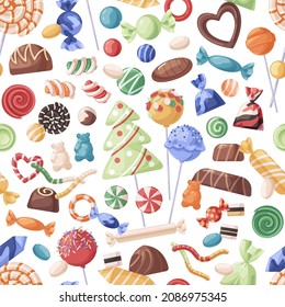 Seamless candies pattern. Endless background design with repeating sweets print. Confectionery texture with lollipops, sugar swirls and caramels. Colored flat vector illustration for wrapping