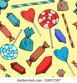 Seamless candies pattern Hand drawn color doodles.