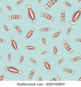 Ein nahtloses Farbmuster in Pastellfarben, handgezeichnete Bonbondoodles, süßer Druck, Wickelpapier, Retro-Bonbons-Wiederholungsmuster 