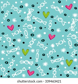 Seamless candies pattern and pink / green hearts isolated on blue sky background Hand drawn color doodles