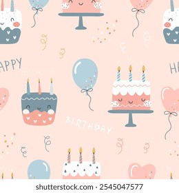 Patrón de pastel de vela sin fisuras, globos lindo fondo de los niños, ilustración, tarjeta de feliz cumpleaños, patrón de feliz cumpleaños sin fisuras