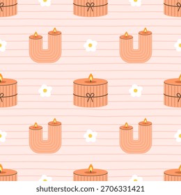 Seamless candle pattern with rounded U-shaped and round candles, soft lines and flowers on a pastel striped background. Ideal for cozy designs and seasonal decor.