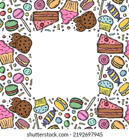 Seamless candy frame with place for text. Sweets and candy background. Doodle vector illustration with sweets and candy icons