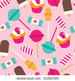 Seamless candy lollipop ice cream and cupcake colorful kids illustration background pattern in vector