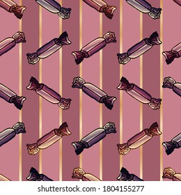 
Seamless candy on violet  background, cartoon style, candy wrapper, gift paper, sweets pattern, wallpaper, textile, fabric pattern, curtains, tablecloth, vector sweets, stripes, gilded, sweets, cute