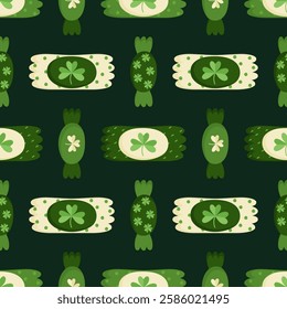 Seamless candy pattern on dark green background. Shamrock, candy. Vector illustration for St. Patrick's Day.