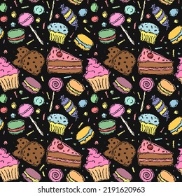 Seamless candy pattern. Sweets and candy background. Doodle vector illustration with sweets and candy icons