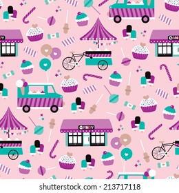 Seamless candy shop sweets and ice cream truck illustration girls birthday background pattern in vector