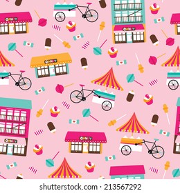 Seamless candy show and ice cream stand bike colorful kids illustration background pattern in vector