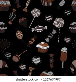 Seamless. Candy store. Vector illustration. Sweets and candles, line drawings.