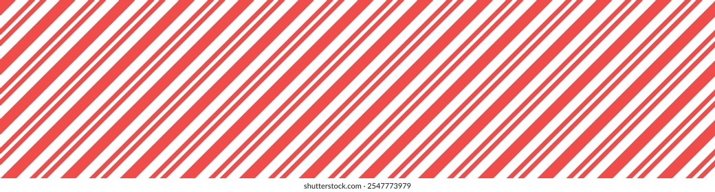 Seamless candy stripe pattern with diagonal red and white lines. Cane pattern with peppermint texture. Flat vector illustration isolated