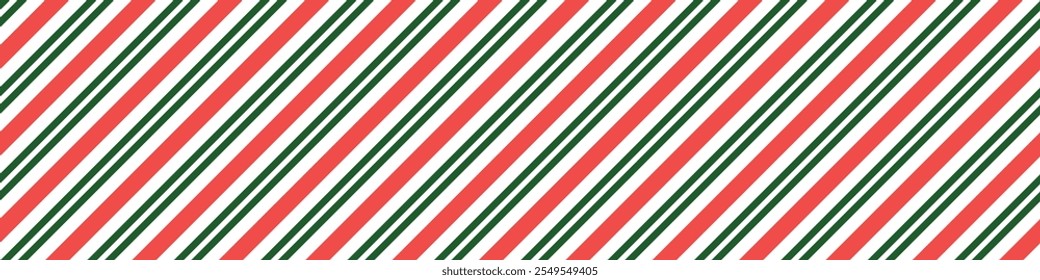 Seamless candy stripe pattern with diagonal red and green lines. Cane pattern with peppermint texture. Flat vector illustration isolated