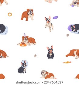 Seamless canine pattern, cute dogs, puppies of French and English bulldog breeds. Endless background, repeating print design with doggies life, toys. Printable flat vector illustration for textile