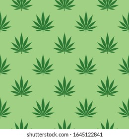 Seamless Cannabis leaves pattern staggered on green background. Also known as marijuana is a psychoactive drug from the Cannabis plant used for medical or recreational purposes. 