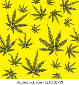 Patrón de cannabis sin foco: amarillo y negro abstracto para fondo de papel pintado, decoración del hogar, embalaje, envoltura, tela, Moda.