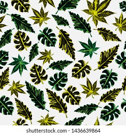 Seamless cannabis pattern leaf nature with monstera and anthurium plant, color neon green and yellow light 