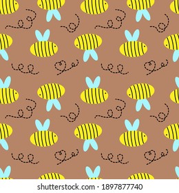 Seamless canvas with bee and dotted curls on a brown background. Vector illustration. Valentine's Day.