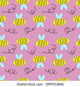 Seamless canvas with bee and dotted curls on a pink background. Vector illustration. Valentine's Day.