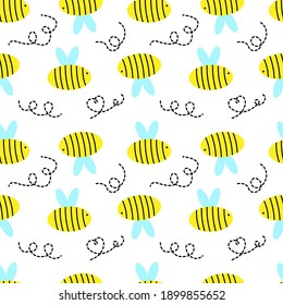 Seamless canvas with bee and dotted curls on a white background. Vector illustration. Valentine's Day.