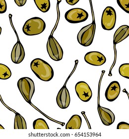 Seamless with Capers and Green Olives. Food Pattern. Isolated On a White Background. Realistic Hand Drawn Sketch Vector Illustration. Savoyar Doodle Style.