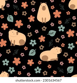 Seamless capybara with flowers on black background