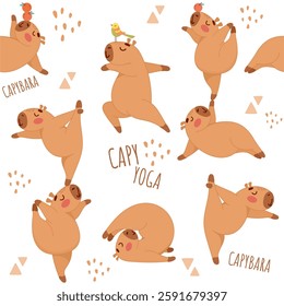 seamless capybara pattern, cute capybaras, yoga pattern, yoga background, yogis, capybara doing yoga, gymnastics, gymnast, sport, print for clothes, cute, funny, kids print