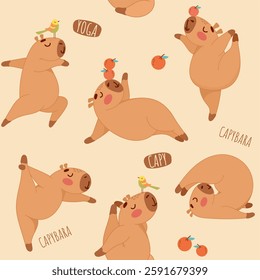 seamless capybara pattern, cute capybaras, yoga pattern, yoga background, yogis, capybara doing yoga, gymnastics, gymnast, sport, print for clothes, cute, funny, kids print