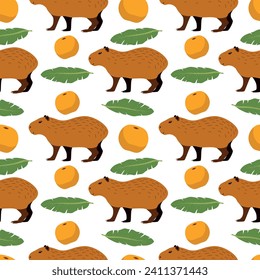 Seamless capybara pattern. Cute capybara, orange, tangerine and palm leaves. Baby pattern for clothes, wrapping paper, background