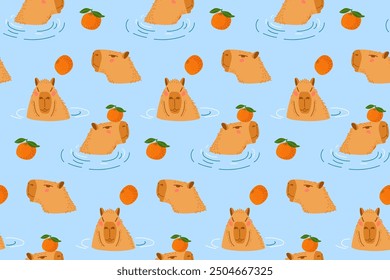 Seamless Capybara pattern. Capybara swimming in pond. Animal takes bath with pleasure. Cute funny cartoon characters, Rodent in water. Repeated background, wallpaper, wrapping paper, packing, textile.