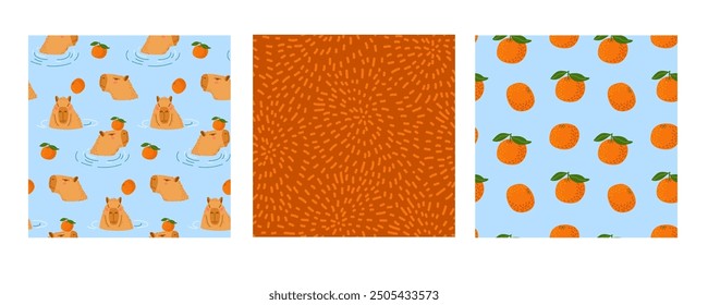 Seamless Capybara patterns. Set of three. Capybara swimming, fruit Repeated vector backgrounds for menu, wallpaper, wrapping paper, packing, textile. Cute funny cartoon characters, Rodent in water