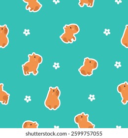Seamless capybaras print with flowers. 