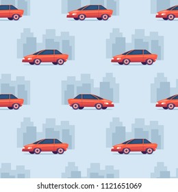 Seamless car cartoon pattern on silhouette of city