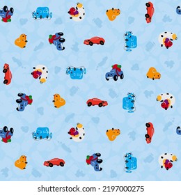 Seamless car pattern vector illustration with cute, funny and colorful drawings of a sports car, electric van, small oldtimer, offroad and cistern truck on a blue background