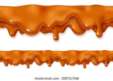 Seamless Caramel Sauce Drip. Melted Drops Of Sweet Liquid Toffee Isolated On White Background. Orange Or Brown Paint Stains Vector Illustration