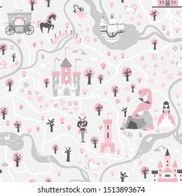 Seamless card pattern with prince and princess, unicorns and fairies, ship, river, castles, towers, dragon cave, carriage. Illustration in a children's cartoon scandinavian style ideal for textiles.