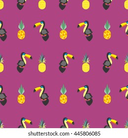 seamless card, postcard, pineapple, toucan. Hello summer tropical background