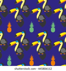 seamless card, postcard, pineapple, toucan. Hello summer tropical background