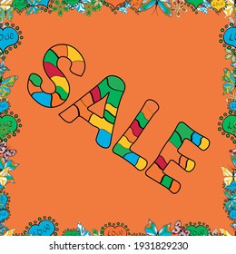 Seamless. Card for saling. Spring background. Sale banner template with elements on colorful background. Promotion offer with decoration on blue, orange and green colors. Vector illustration.
