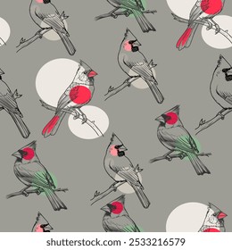 Seamless Cardinal Bird Pattern with Abstract Circles. Hand-Drawn Cardinals on Branches Pattern Design
