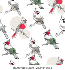Seamless Cardinal Bird Pattern with Abstract Circles. Hand-Drawn Cardinals on Branches Pattern Design