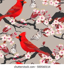 Seamless cardinal and blooming cherry