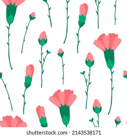 Seamless Carnation Flower Pattern. Floral Background, Wallpaper, Wrapping, Packing Paper. Elegance Pattern With Realistic Pink Flowers.